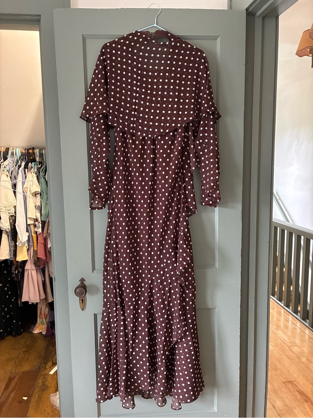 Polka Dot Long Sleeve Maxi Dress - Brown